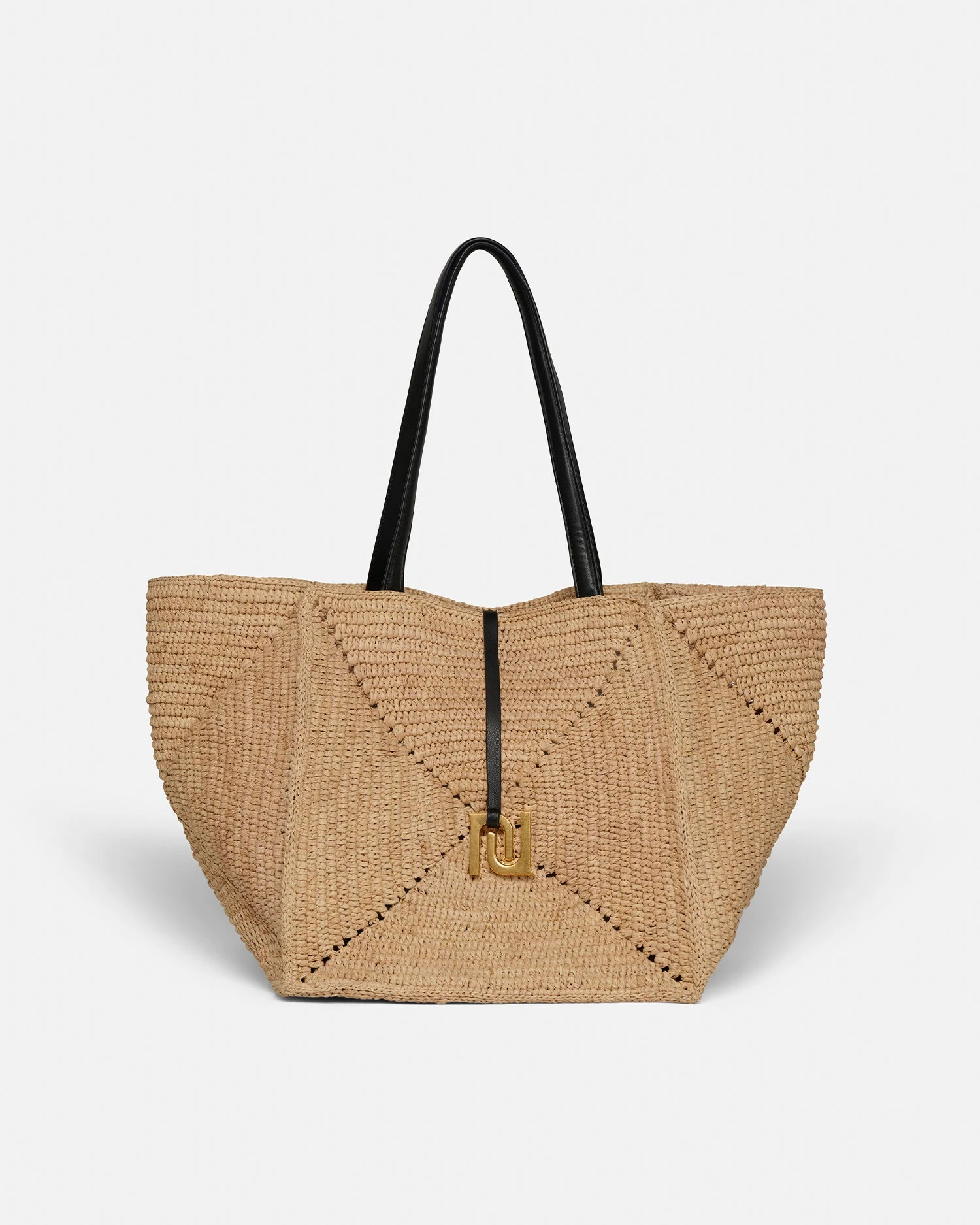 Nanushka Origami Tote - Raffia Charm Tote - Natural/Black