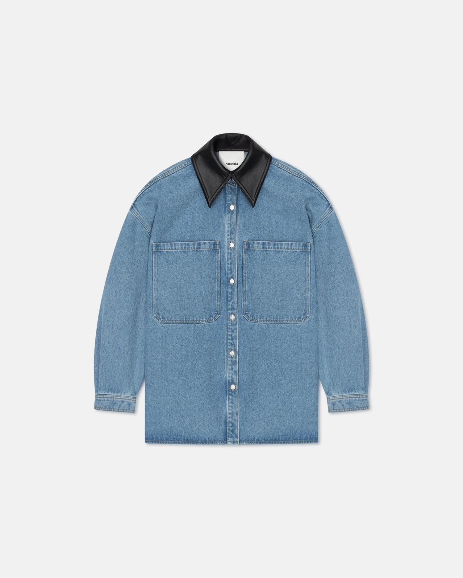 Nanushka Beaux - Leather-Trimmed Denim Shirt - Mid Blue 1 Nanushka Beaux - Leather-Trimmed Denim Shirt - Mid Blue