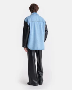 Nanushka Zinnie - Denim And Regenerated Leather Shirt - Mid Blue-Black -Nanushka Sale Store NU25RSTP09753ZINNIE MIDBLUE BLACK DENIM REGENLEATHER 02 286f9006 0d14 4a08 8dc8 2d67f08d64fd