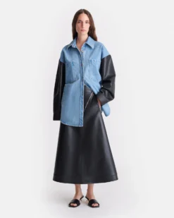 Nanushka Zinnie - Denim And Regenerated Leather Shirt - Mid Blue-Black -Nanushka Sale Store NU25RSTP09753ZINNIE MIDBLUE BLACK DENIM REGENLEATHER 04