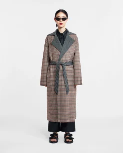Nanushka Alamo - Wool Silk Blend Robe Coat - Reversible Check -Nanushka Sale Store NW20CROW00999 ALAMO REVERSIBLE CHECK DOUBLE WOOL SILK BLEND 02b