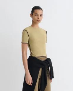 Nanushka Sabelle - Cropped Mesh Jersey T-Shirt - Sand/Anthracite