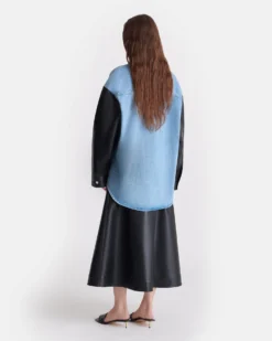 Nanushka Zinnie - Denim And Regenerated Leather Shirt - Mid Blue-Black -Nanushka Sale Store nani11264118